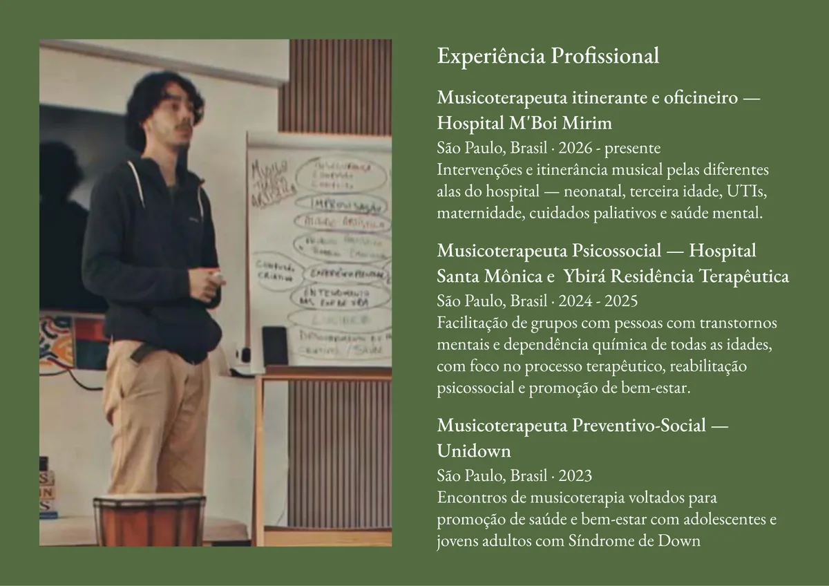 Experiência profissional: cada trabalho com lugar, período e o que ele fez ali.