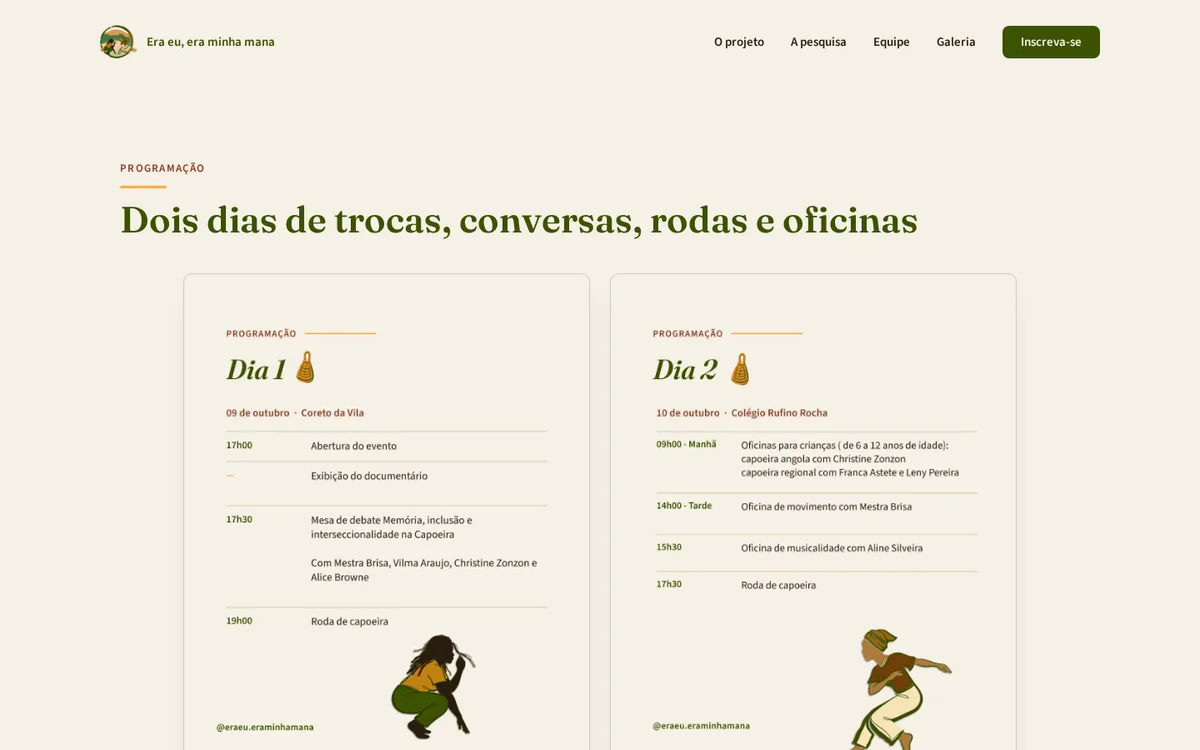 A programação dos dois dias, logo na página inicial.