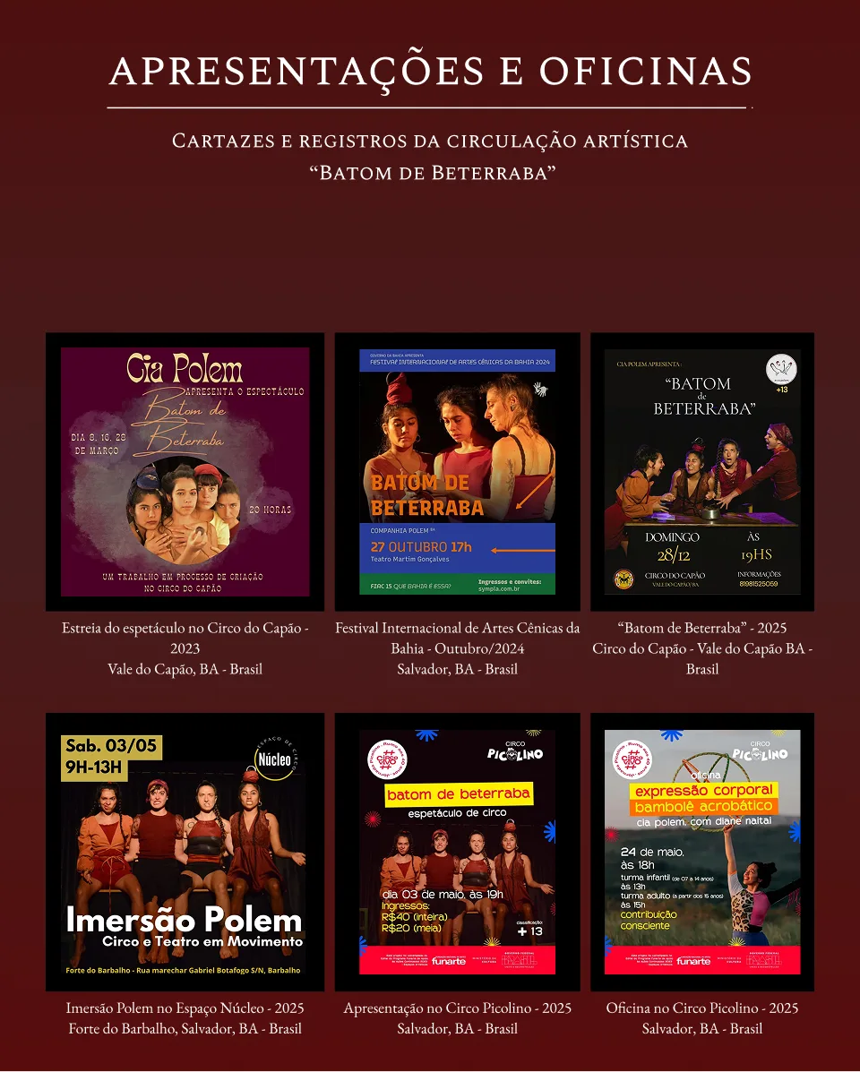 Apresentações e oficinas: Vale do Capão, Salvador, Circo Picolino.