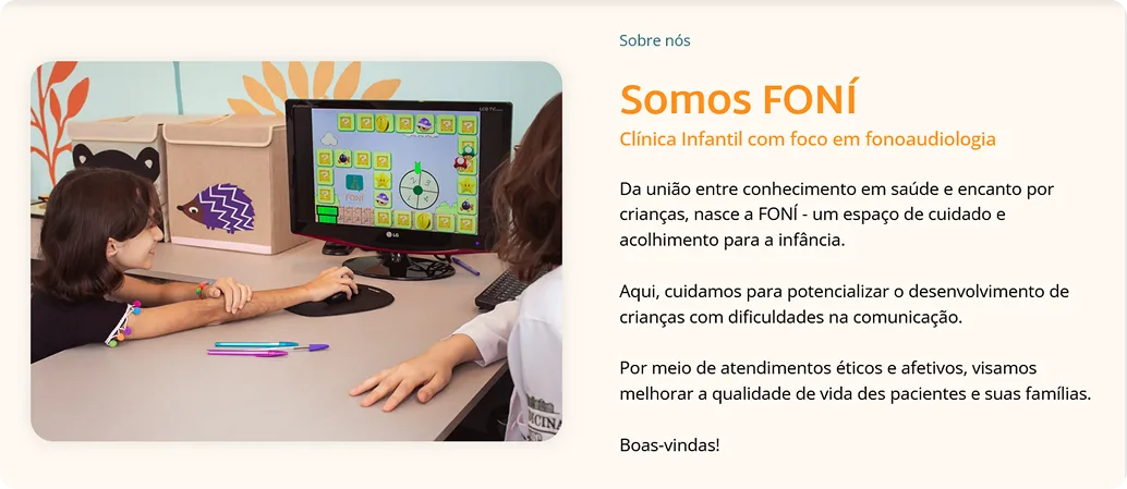 Sobre nós: o laranja da marca ao lado de uma foto de atendimento.